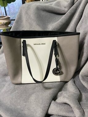 Michael Kors Two-Tone Saffiano Tote in White and Taupe with Black Trim